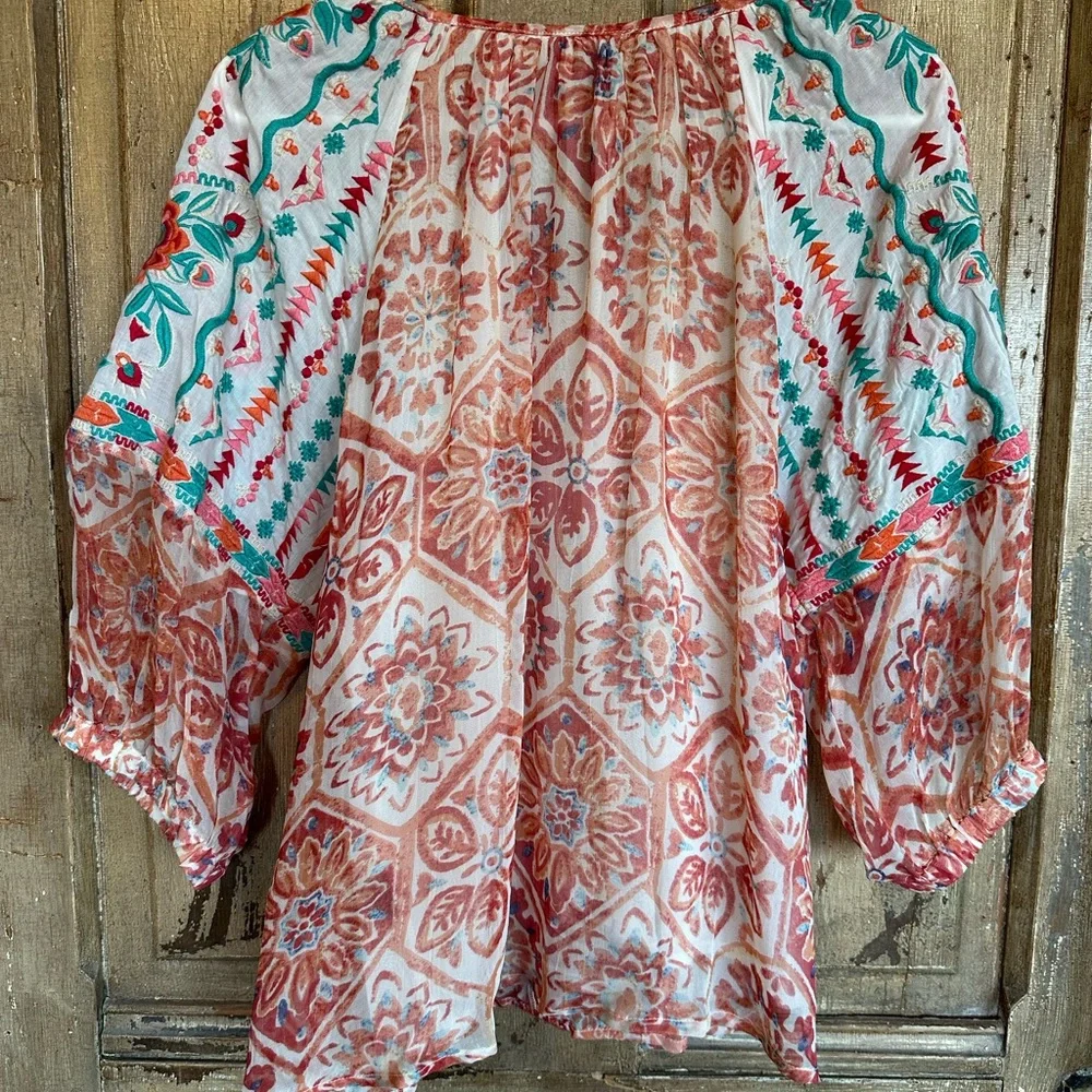 Tolani Pink, Peach & Orange Flowy Blouse with puff 3/4 Sleeves - Picture 2 of 7